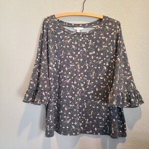 LC Lauren Conrad Women's XXL‎ Gray Floral 3/4 Ruffle Sleeve Light Sweatshirt